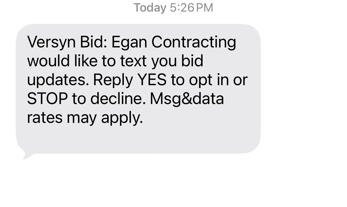 Customer's phone showing the incoming Versyn Bid consent SMS