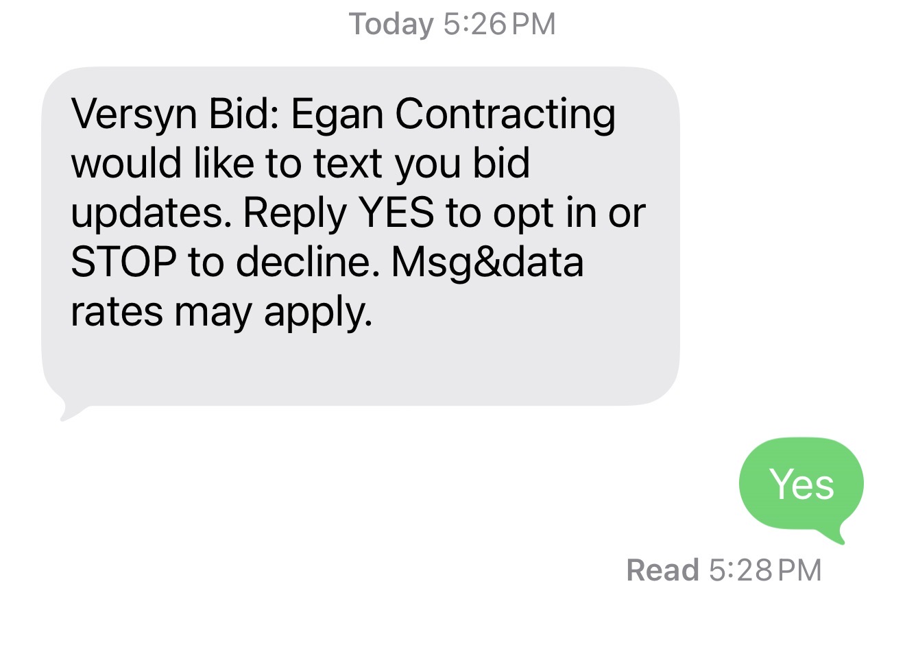 Customer's phone showing the consent SMS and their outgoing YES reply