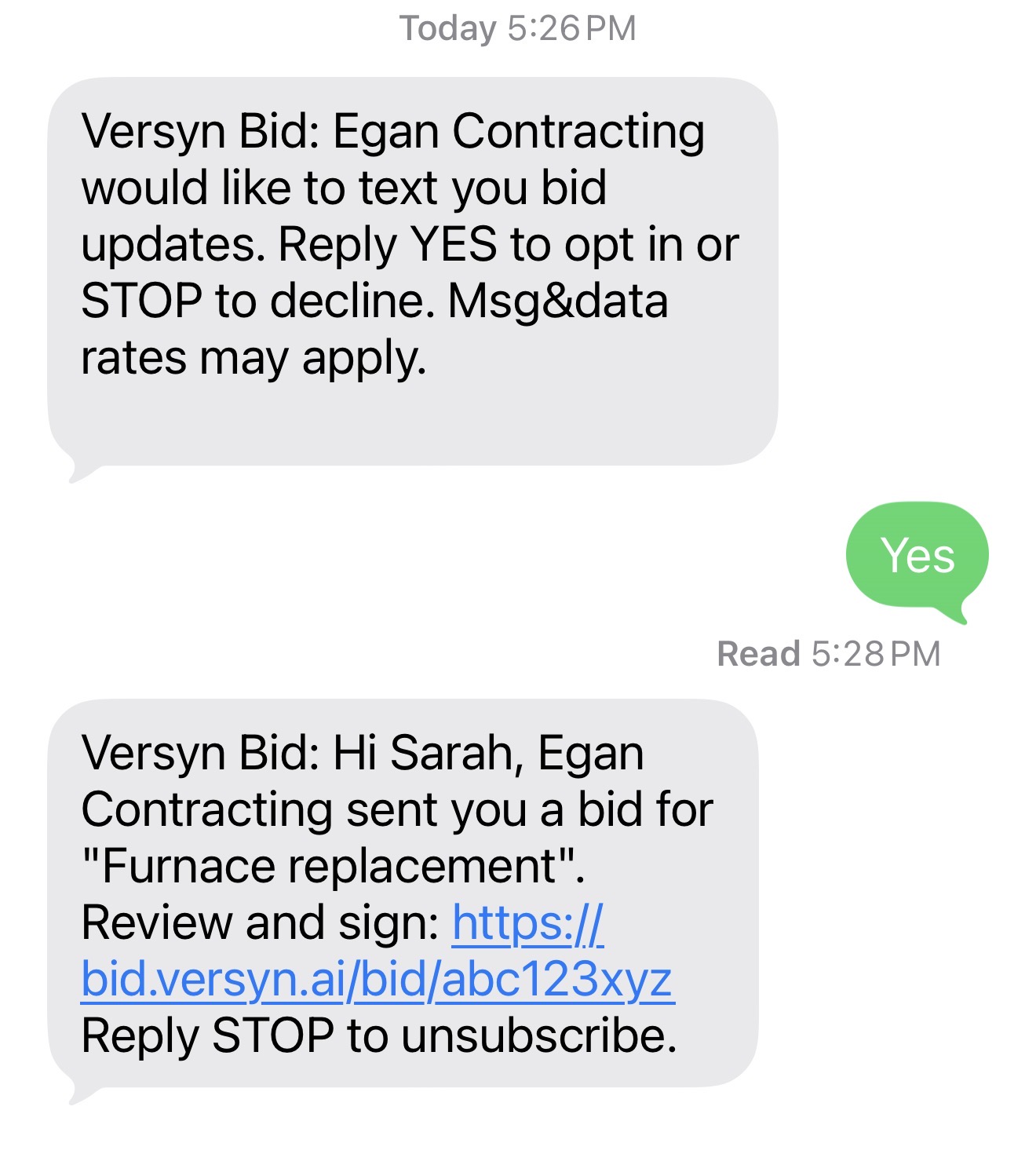 Customer's phone showing the full thread: the consent SMS, the YES reply, and the bid SMS arriving