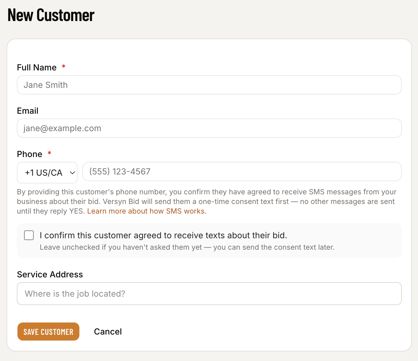Versyn Bid Add Customer form with the SMS disclosure text and attestation checkbox shown beneath the phone input